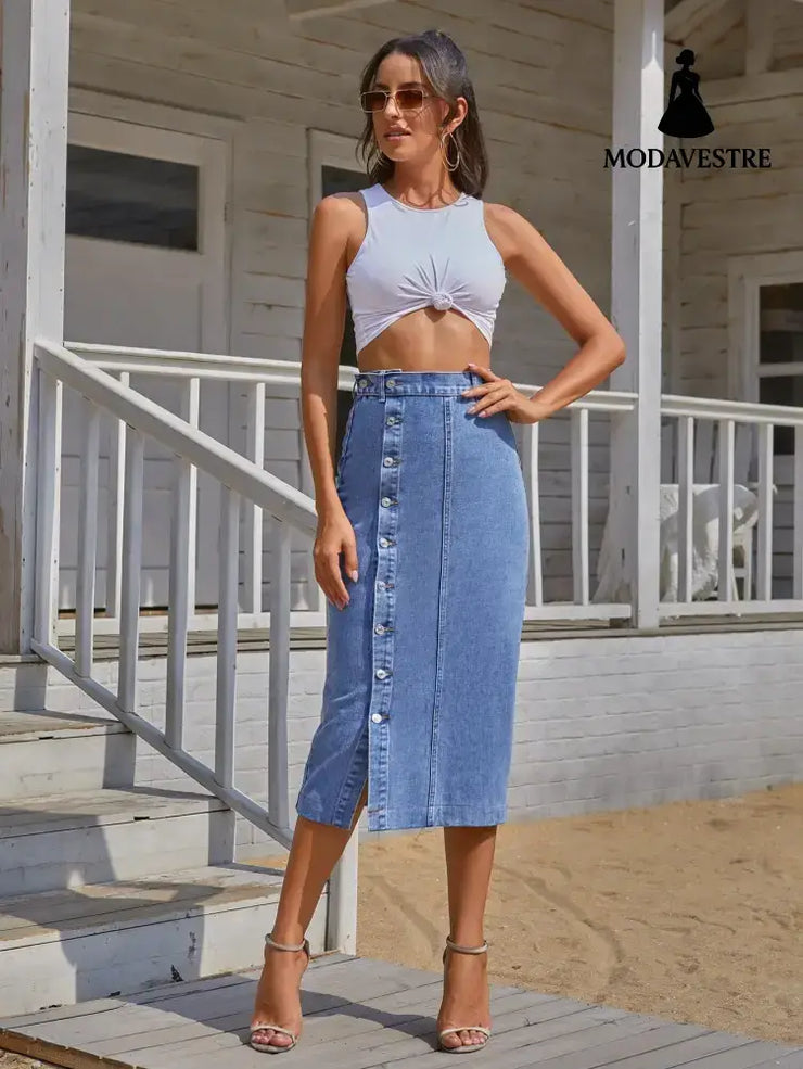Button Irregular Slit denim High Waist Skirt