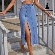 Button Irregular Slit denim High Waist Skirt