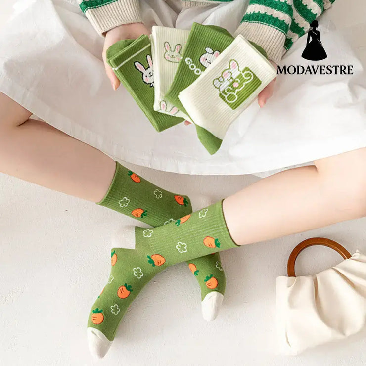Cartoon Rabbit Carrot Green Women Socks