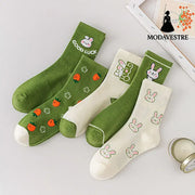 Cartoon Rabbit Carrot Green Women Socks