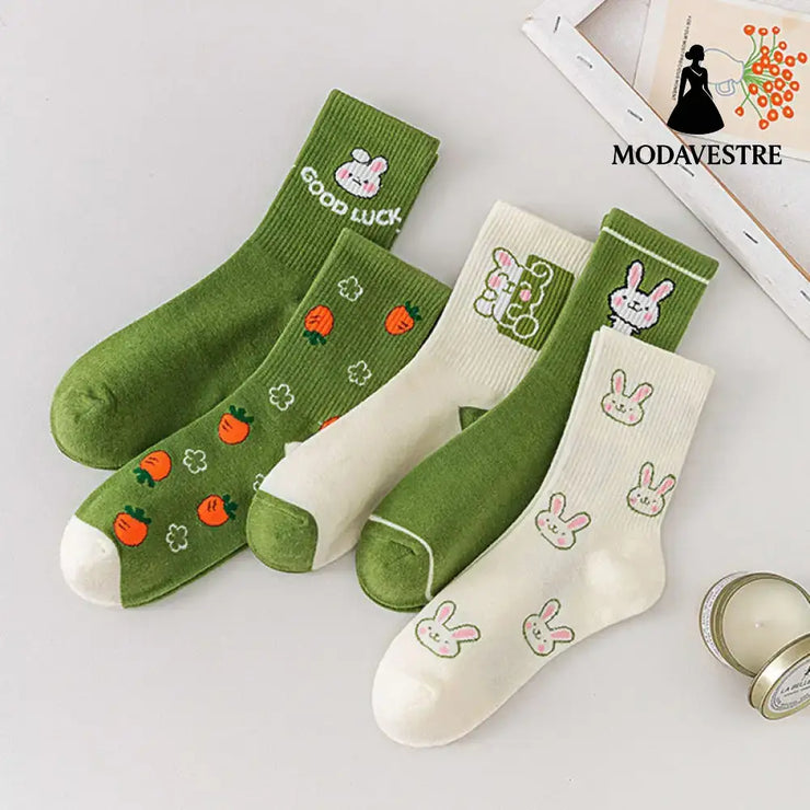 Cartoon Rabbit Carrot Green Women Socks
