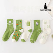 Cartoon Rabbit Carrot Green Women Socks