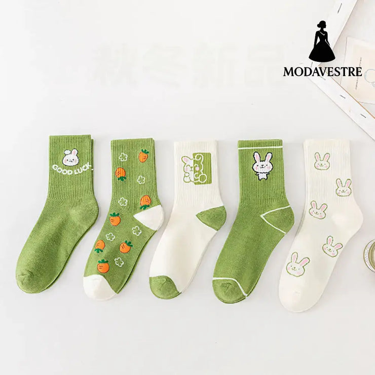 Cartoon Rabbit Carrot Green Women Socks