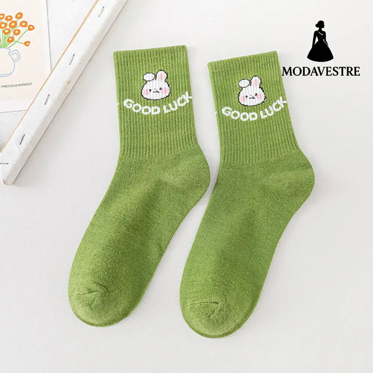 Cartoon Rabbit Carrot Green Women Socks Green Rabbit01 / One size