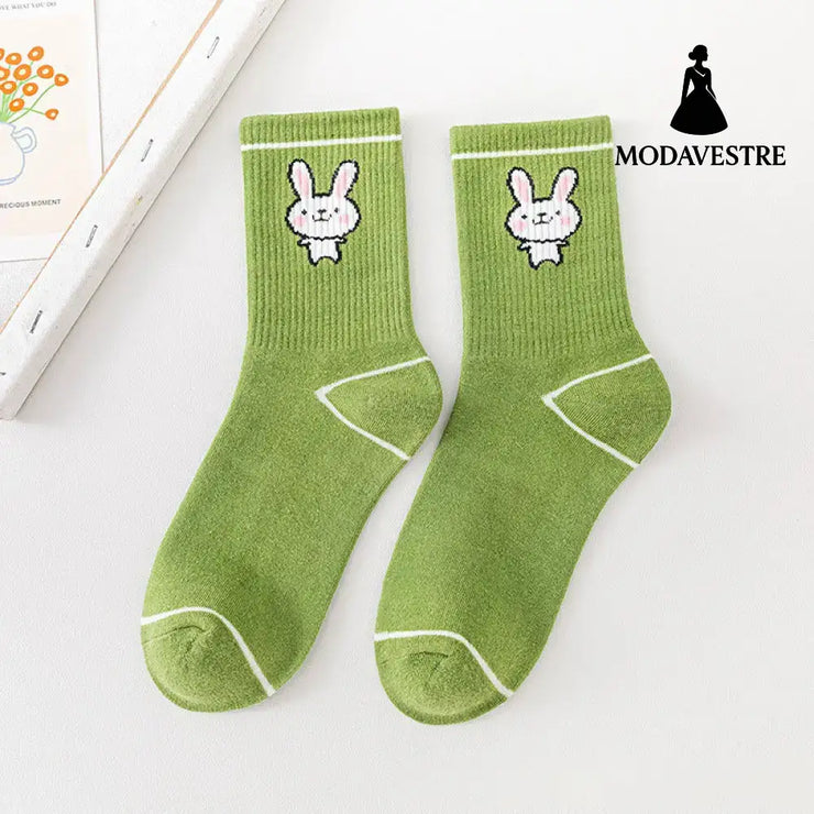 Cartoon Rabbit Carrot Green Women Socks Green Rabbit04 / One size