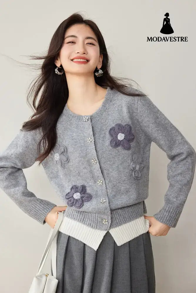 Casual Knit Cardigan with Handmade Flower Design Soft Gray Sweater for Women Autumn and Winter Style