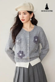 Casual Knit Cardigan with Handmade Flower Design Soft Gray Sweater for Women Autumn and Winter Style