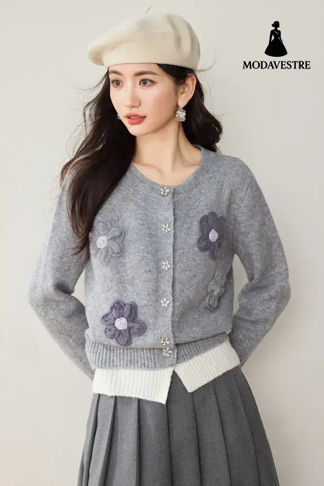 Casual Knit Cardigan with Handmade Flower Design Soft Gray Sweater for Women Autumn and Winter Style