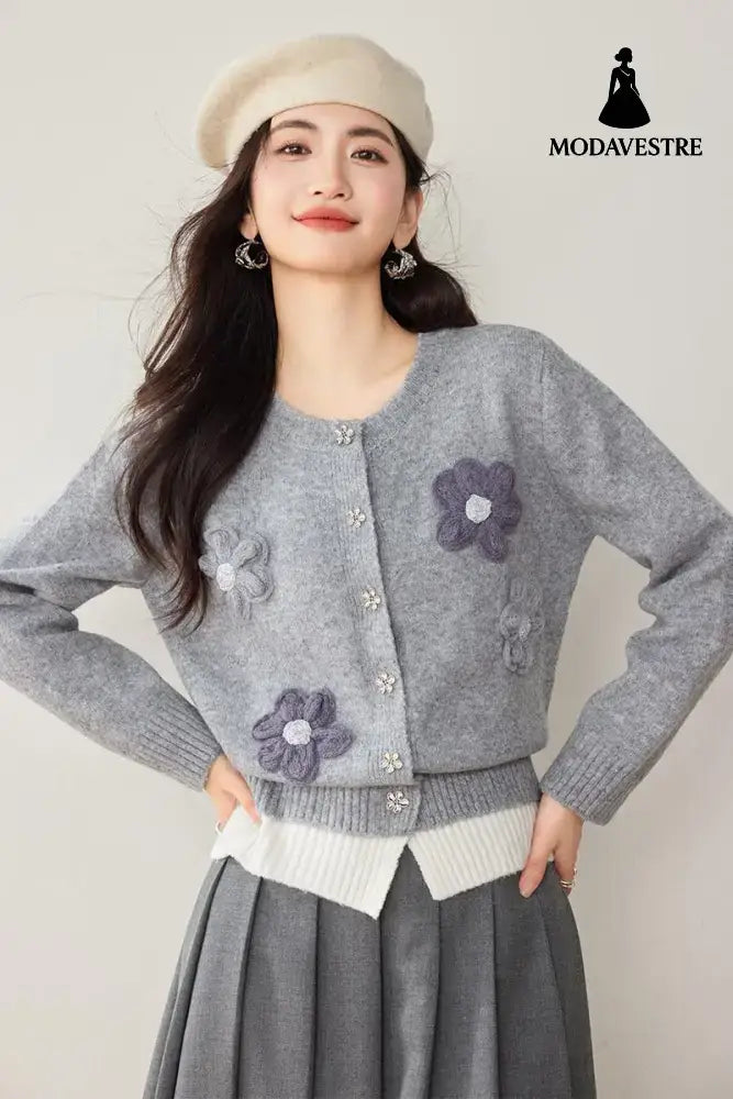Casual Knit Cardigan with Handmade Flower Design Soft Gray Sweater for Women Autumn and Winter Style