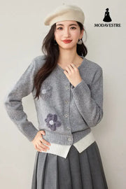 Casual Knit Cardigan with Handmade Flower Design Soft Gray Sweater for Women Autumn and Winter Style