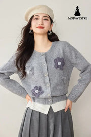 Casual Knit Cardigan with Handmade Flower Design Soft Gray Sweater for Women Autumn and Winter Style Gray / S