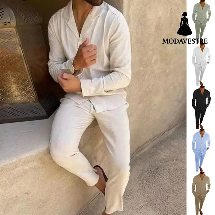 Casual Long-sleeved Suits Fashion Lapel Single-breasted Shirt Top And Slim-fit Trousers Men Clothing Shirt