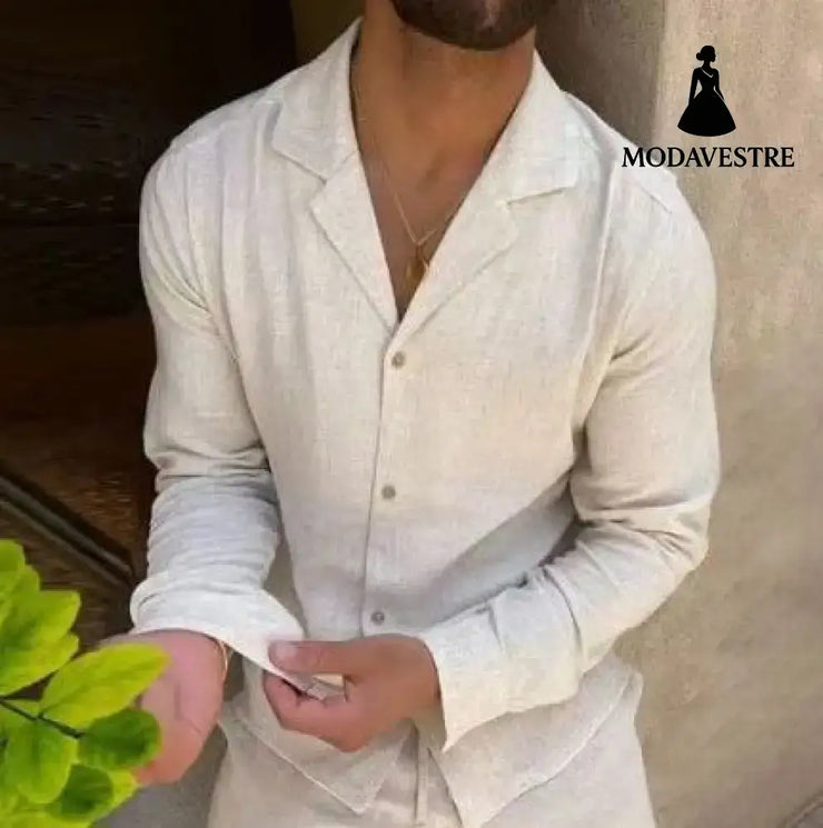 Casual Long-sleeved Suits Fashion Lapel Single-breasted Shirt Top And Slim-fit Trousers Men Clothing Beige Top / L Shirt