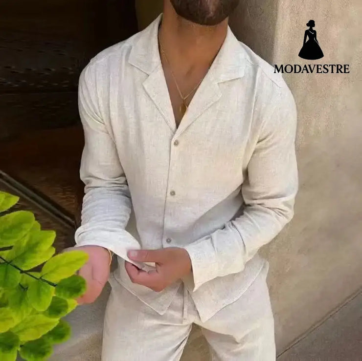 Casual Long-sleeved Suits Fashion Lapel Single-breasted Shirt Top And Slim-fit Trousers Men Clothing Beige / L Shirt