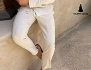 Casual Long-sleeved Suits Fashion Lapel Single-breasted Shirt Top And Slim-fit Trousers Men Clothing Beige Pants / L