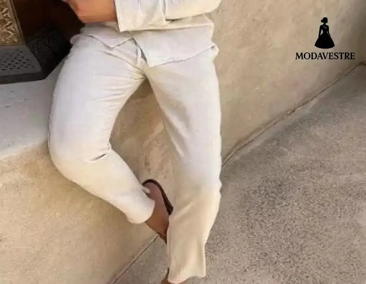 Casual Long-sleeved Suits Fashion Lapel Single-breasted Shirt Top And Slim-fit Trousers Men Clothing Beige Pants / L