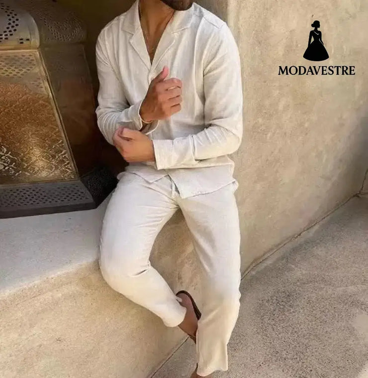 Casual Long-sleeved Suits Fashion Lapel Single-breasted Shirt Top And Slim-fit Trousers Men Clothing Beige / XS Shirt