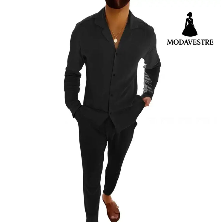 Casual Long-sleeved Suits Fashion Lapel Single-breasted Shirt Top And Slim-fit Trousers Men Clothing Black / L Shirt