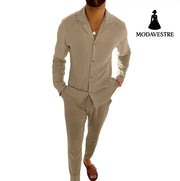 Casual Long-sleeved Suits Fashion Lapel Single-breasted Shirt Top And Slim-fit Trousers Men Clothing Khaki / L Shirt