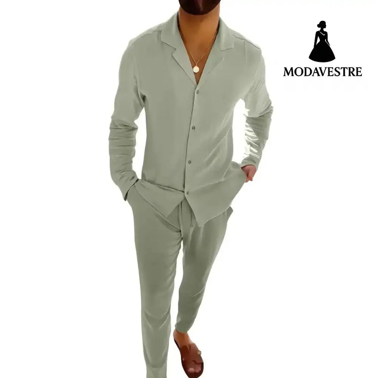 Casual Long-sleeved Suits Fashion Lapel Single-breasted Shirt Top And Slim-fit Trousers Men Clothing Ocean Green / L