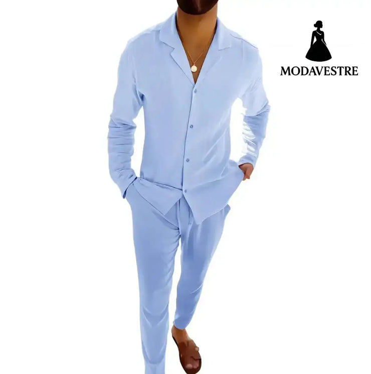 Casual Long-sleeved Suits Fashion Lapel Single-breasted Shirt Top And Slim-fit Trousers Men Clothing Sky Blue / L Shirt