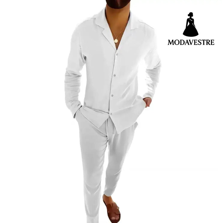 Casual Long-sleeved Suits Fashion Lapel Single-breasted Shirt Top And Slim-fit Trousers Men Clothing White / L Shirt