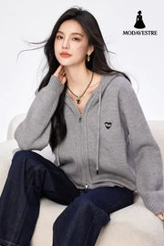Casual Loose Knit Hoodie Cardigan for Women Hooded Outerwear