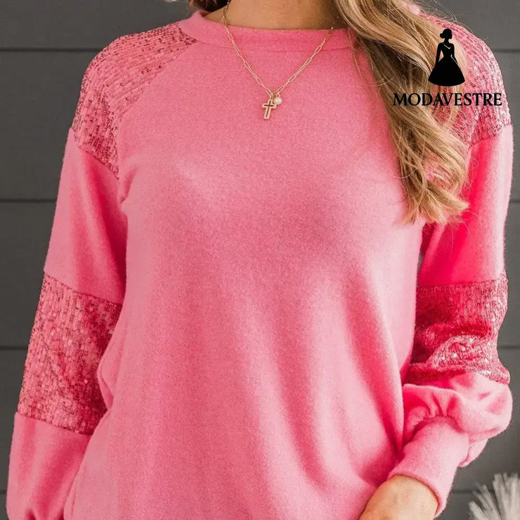 Casual Round Neck Splicing Knitwear Women