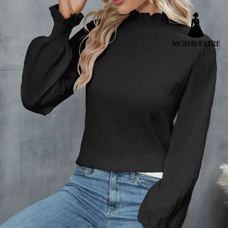 Casual Solid Color Ruffle Sleeve Loose Top For Women Black / L Jumper