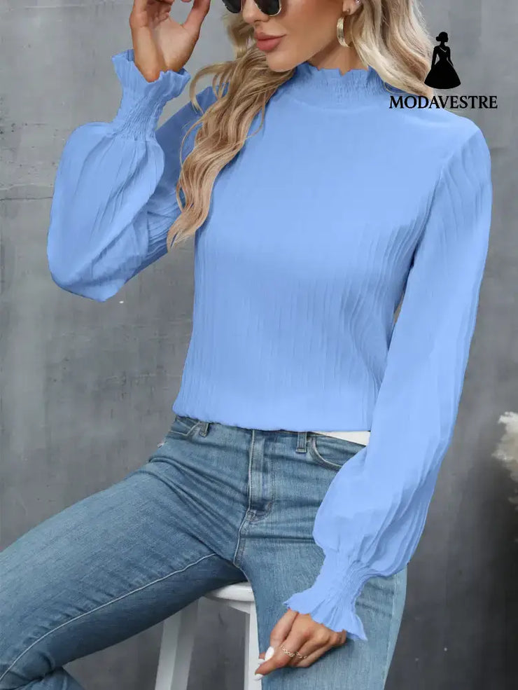 Casual Solid Color Ruffle Sleeve Loose Top For Women Blue / L Jumper