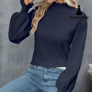 Casual Solid Color Ruffle Sleeve Loose Top For Women Dark Blue / L Jumper