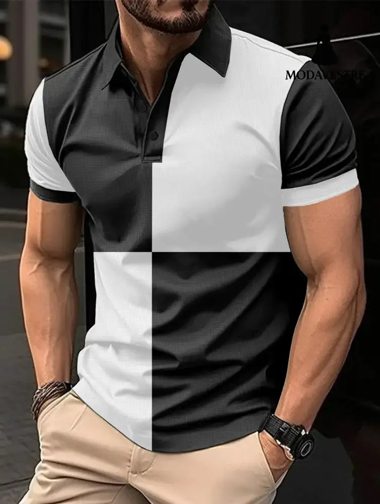 Casual Sports Short Sleeve Color Stitching Turnover Neck Polo Shirt Men Clothing Black And White / L T-shirt