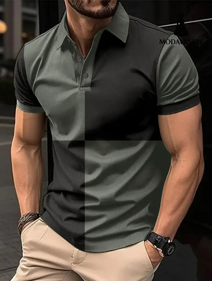 Casual Sports Short Sleeve Color Stitching Turnover Neck Polo Shirt Men Clothing Green And Black / L T-shirt