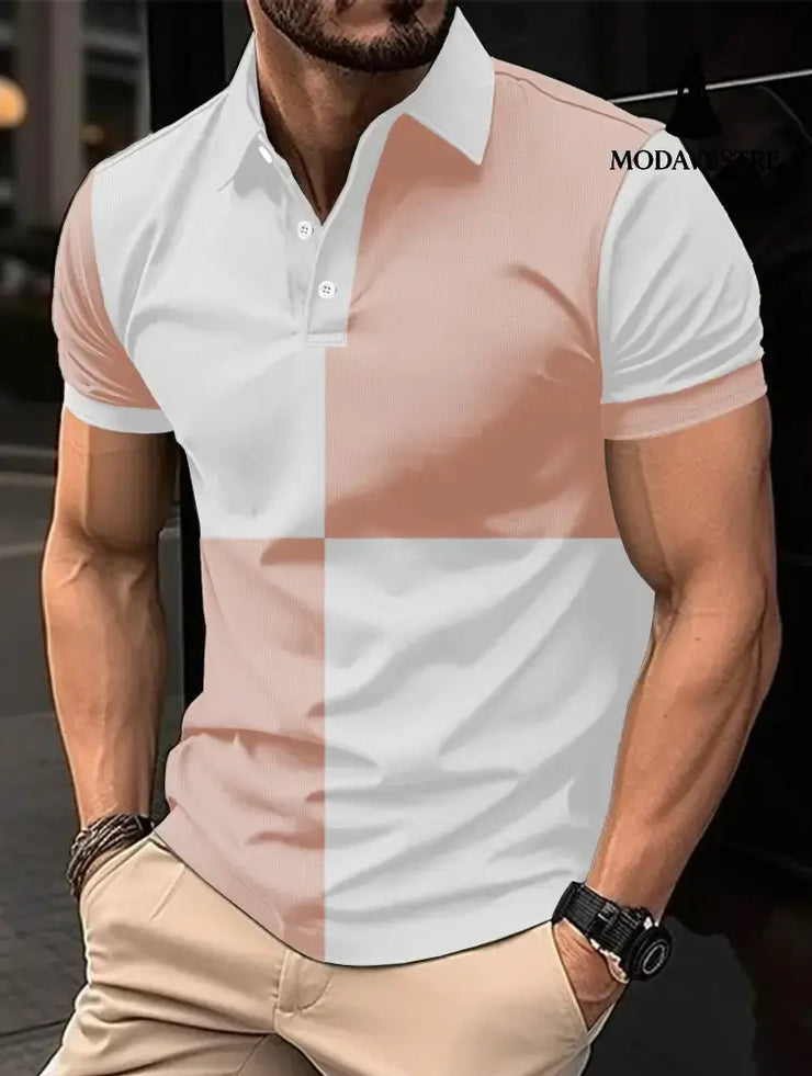 Casual Sports Short Sleeve Color Stitching Turnover Neck Polo Shirt Men Clothing Pink And White / L T-shirt