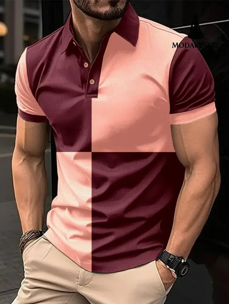 Casual Sports Short Sleeve Color Stitching Turnover Neck Polo Shirt Men Clothing Pink And Wine Red / L T-shirt