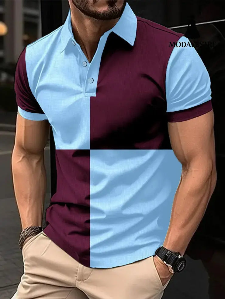 Casual Sports Short Sleeve Color Stitching Turnover Neck Polo Shirt Men Clothing Sky Blue And Wine Red / L T-shirt