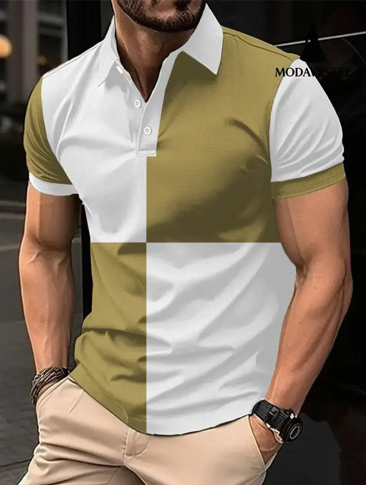 Casual Sports Short Sleeve Color Stitching Turnover Neck Polo Shirt Men Clothing White And Deep Khaki / L T-shirt