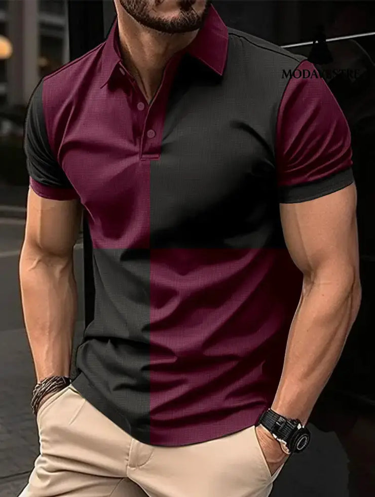 Casual Sports Short Sleeve Color Stitching Turnover Neck Polo Shirt Men Clothing Wine Red Black / L T-shirt