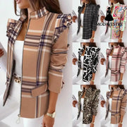 Check Leopard Print Zip Ruffle Shoulder Jacket