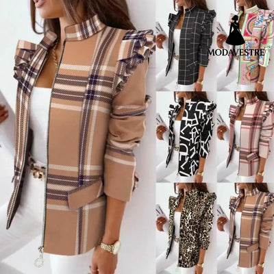 Check Leopard Print Zip Ruffle Shoulder Jacket