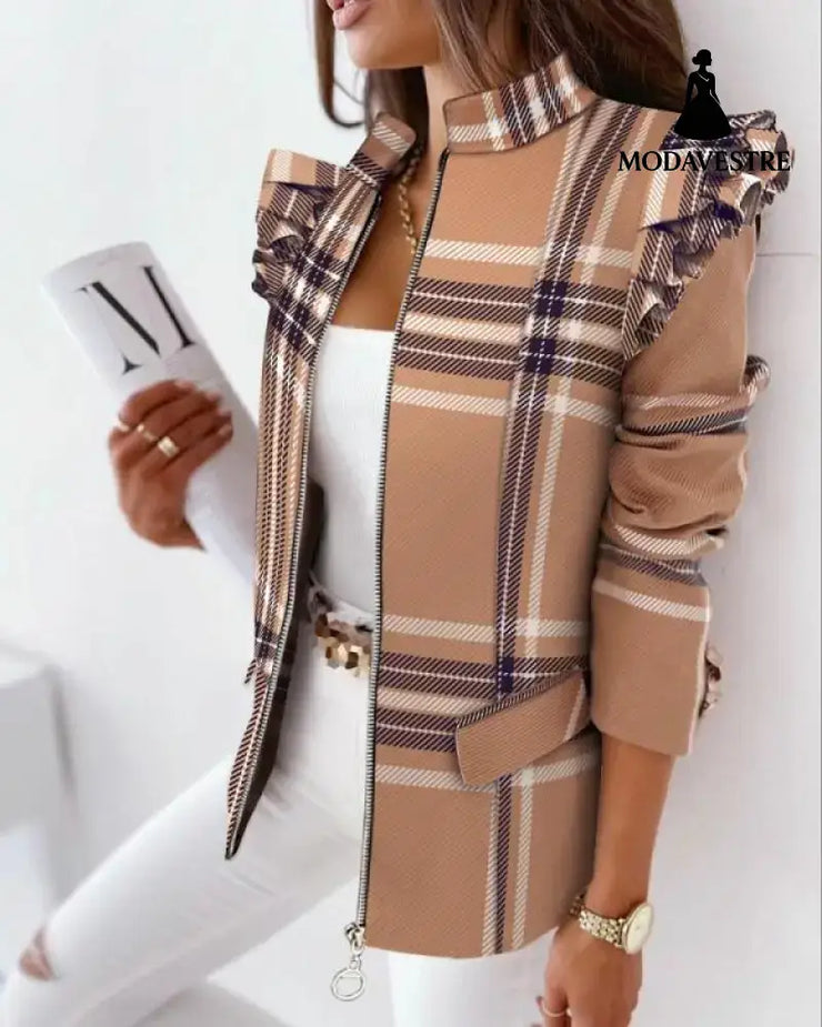 Check Leopard Print Zip Ruffle Shoulder Jacket