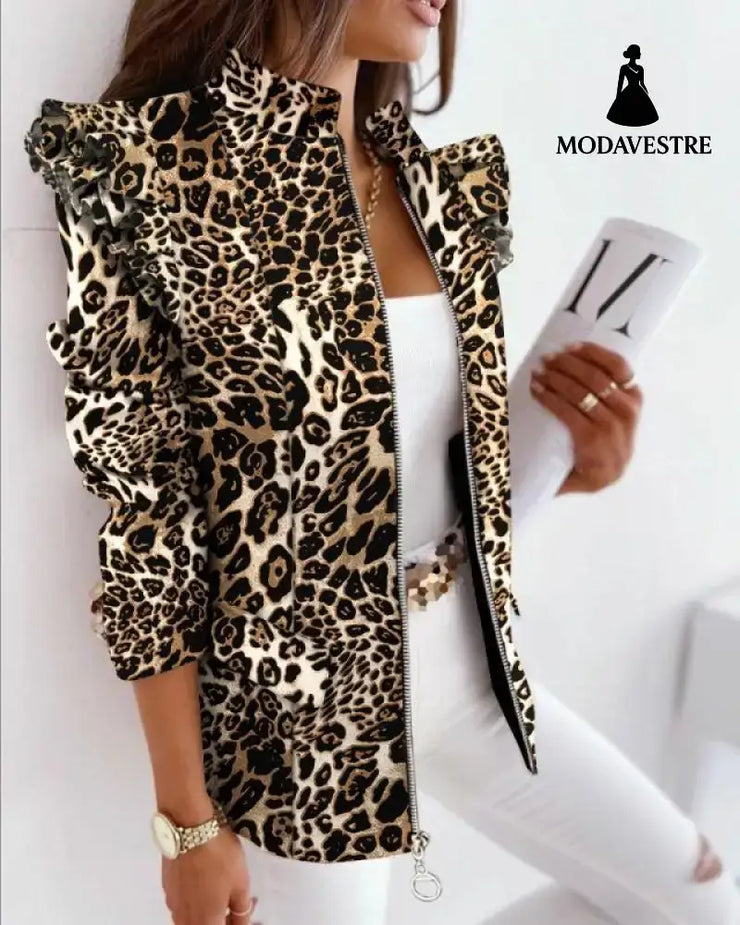 Check Leopard Print Zip Ruffle Shoulder Jacket