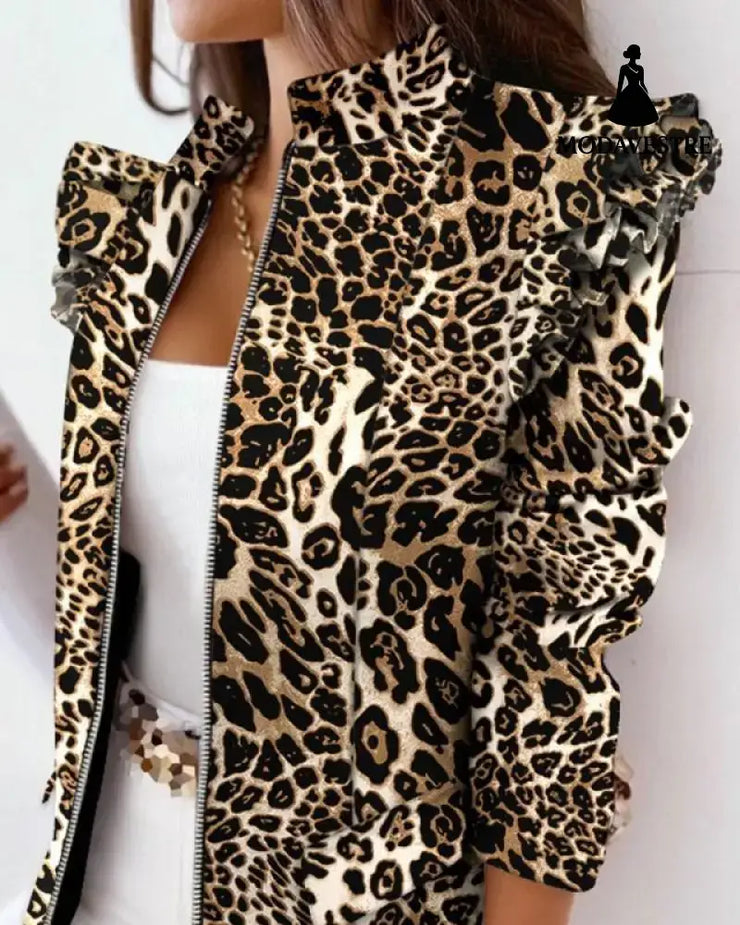 Check Leopard Print Zip Ruffle Shoulder Jacket