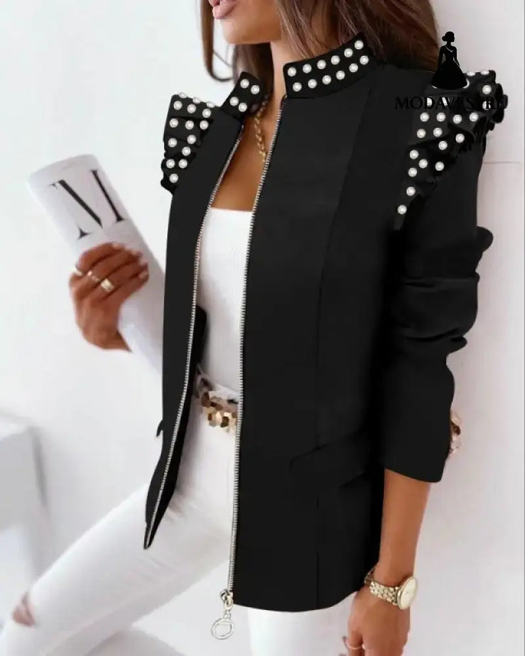 Check Leopard Print Zip Ruffle Shoulder Jacket Black bead / L