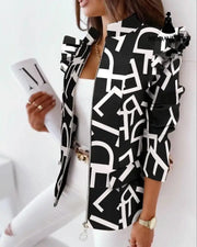 Check Leopard Print Zip Ruffle Shoulder Jacket Black letters / L