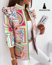 Check Leopard Print Zip Ruffle Shoulder Jacket Green / L