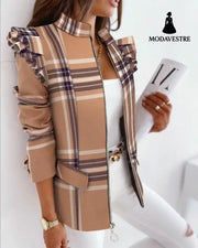 Check Leopard Print Zip Ruffle Shoulder Jacket Khaki / L