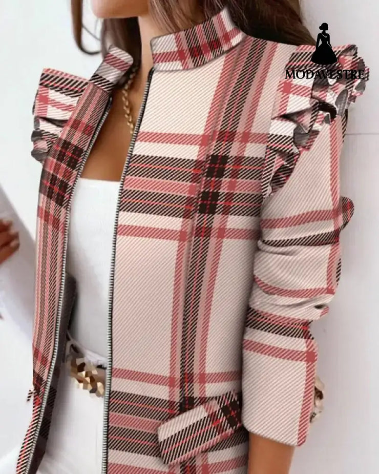 Check Leopard Print Zip Ruffle Shoulder Jacket Pink plaid / L