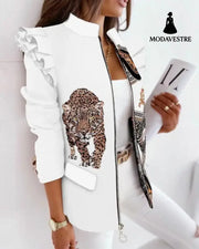 Check Leopard Print Zip Ruffle Shoulder Jacket Tiger head / L