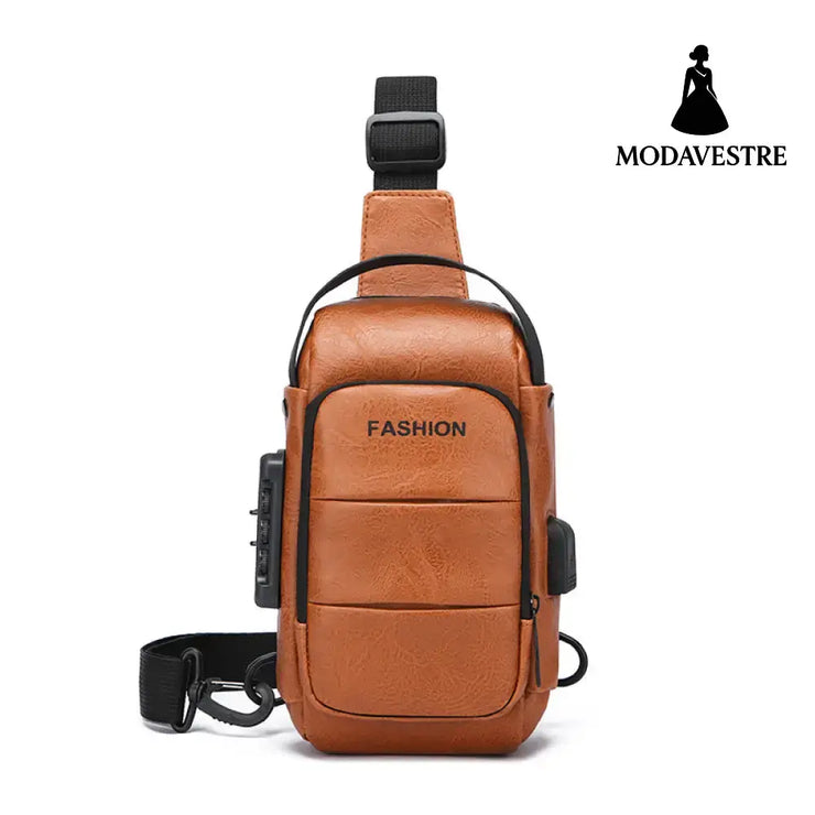 Chest bag men’s backpack USB charging backpack single shoulder chest bag commuting backpack waterproof light brown